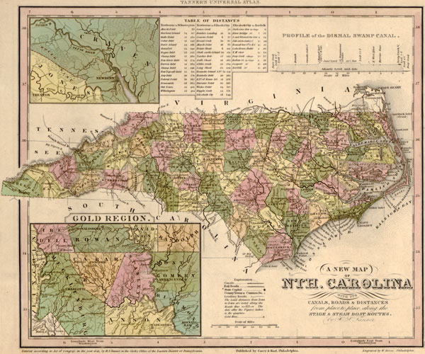 North Carolina State 1841 Historic Map by Tanner, Reprint