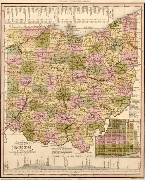 Ohio State 1841 Historic Map by Tanner, Reprint