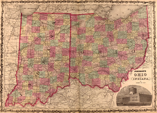 Ohio and Indiana State 1862 Johnson & Ward Historic Map Reprint