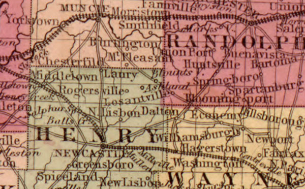 Ohio and Indiana State 1862 Johnson & Ward Historic Map detail