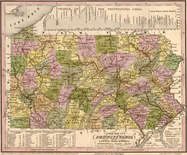Pennsylvania State 1840 Historic Map by Tanner, Reprint