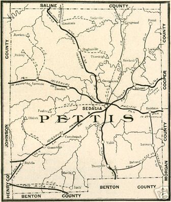 Early map of Pettis County, Missouri including Sedalia, Houstonia, LaMonte, Hughesville, Smithton, Green Ridge