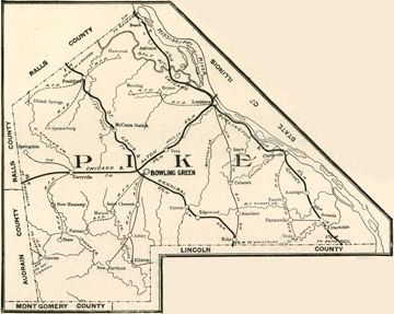 Early map of Pike County, Missouri including Bowling Green, Louisiana, Clarksville, Frankford, Curryville, Ashburn, Ashley, New Hartford, Eolia, Paynesville, Annada