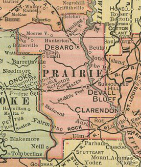 Early map of Prairie County arkansas including Barrettsville, Brownsville, Des Arc, De Valls Bluff, Fairmount, Fredonia, Hazen, Hickory Plains, Surrounded Hill, Ulm, History, Genealogy