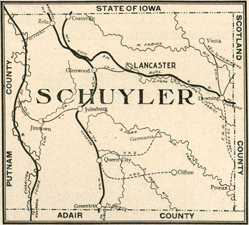 Early map of Schuyler County, Missouri with Lancaster, Glenwood, Queen City, Downing, Greentop (Green Top), Coatsville, Clifton, Germania, Julesburg, Vinita