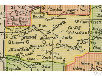Early map of Scott County, Arkansas including Waldron, Boles, Hon, Winfield, Cardiff, Brawley, Buck Knob, Parks