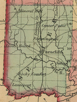 Early map of Sevier County, 
Arkansas History Genealogy including: Paraclifta, Center Point, Farmington, Lanesport, Lions Beard, Mineral Hill, Rocky Comfort, Saline, Ultima Thule