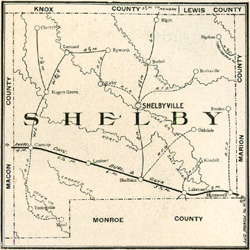 Early map of Shelby County, Missouri with Shelbina, Shelbyville, Clarence, Hunnewell, Bethel, Leonard, Emden, Lentner, Hagers Grove, Epworth, Maud, Burksville, Cherry Box