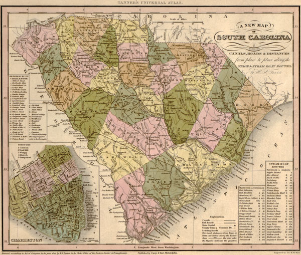 South Carolina State 1841 Historic Map by Tanner, Reprint