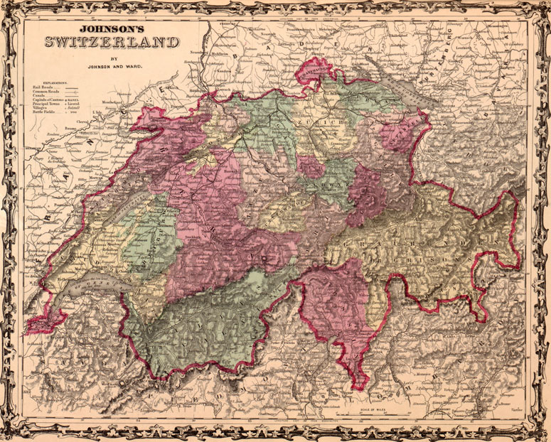 Switzerland 1862 Johnson and Ward Historic Map Reprint