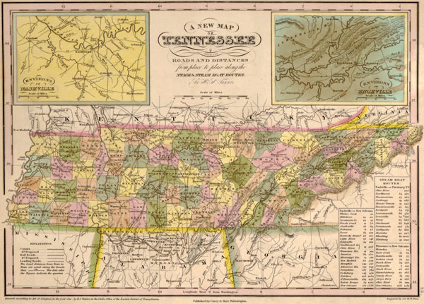 Tennessee State 1841 Historic Map by Tanner, Reprint