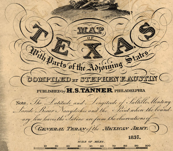 Texas State (Republic of Texas) 1837 Stephen F. Austin, Tanner, Historic Map Reprint, detail