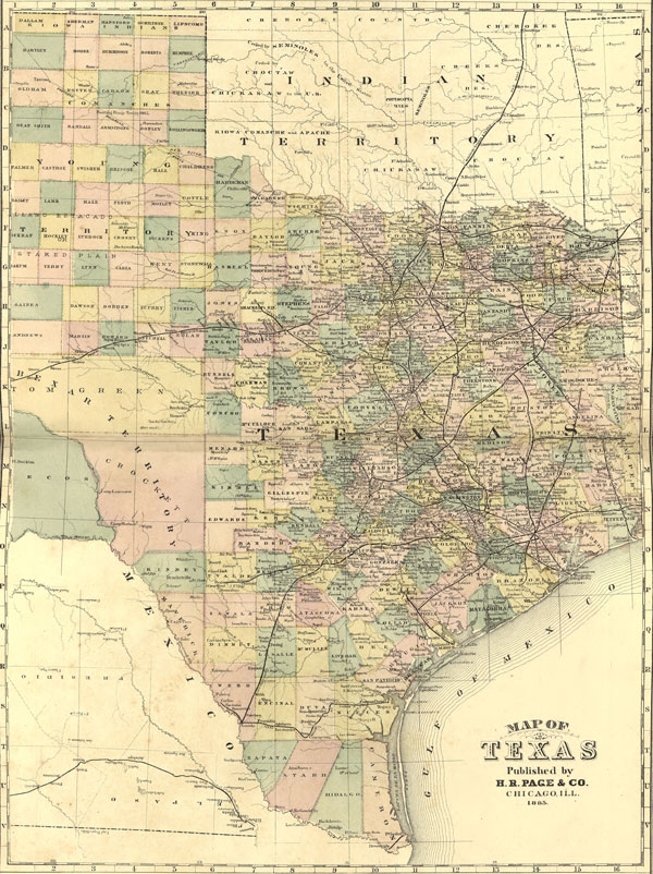 Texas State 1885 H. R. Page Historic Map Reprint