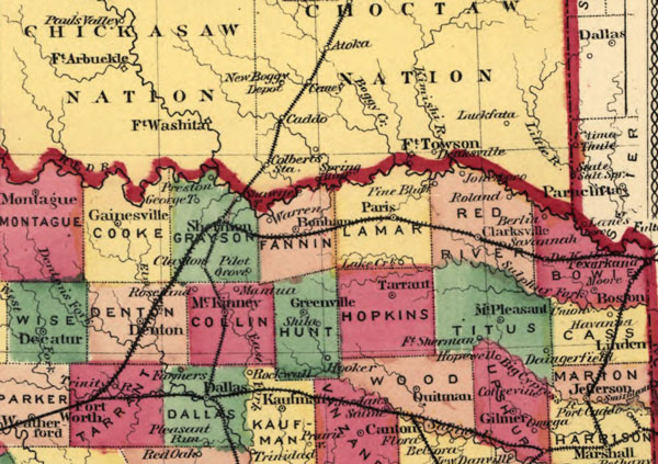 Texas State and Indian Territory 1875 Warner and Beers Historic Map Reprint, detail