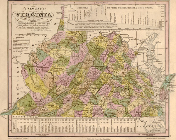 Virginia State 1836 Historic Map by Tanner, Reprint