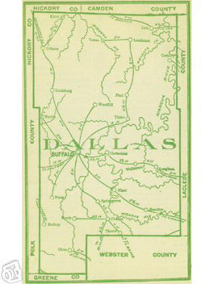 Early map of Dallas County, Missouri including Buffalo, Louisburg, Urbana, Tunas, Plad, Celt, Charity