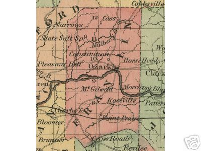 Early map of Franklin County, Arkansas including Ozark, Roseville, Pleasant Hill, Constitution, Cass, Mt. Gilead