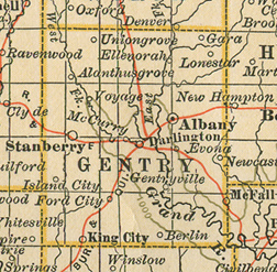 Early map of Gentry County, Missouri with Albany, Stanberry, King City, Ford City, Darlington, McFall, Gentry, Alanthus Grove, Ellenorah, Enyart, Lone Star, Island City, Gentryville