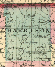 Early map of Harrison County, Missouri with Bethany, Cainesville, Eagleville, Pleasant Ridge, Mt. Moriah