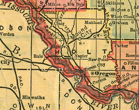 Early map of Holt County, Missouri with Oregon, Mound City, Craig, Corning, Maitland, Forest City, Fortescue, New Point, Bigelow, Napier