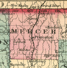 Early map of Mercer County Missouri including Princeton, Cleopatra, Goshen, Half Rock, Mercer, Middlebury, Modena, Ravanna,  Saline, MO
