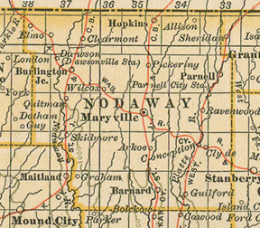 Early map of Nodaway County, Missouri with Maryville, Skidmore, Hopkins, Burlington Junction, Ravenwood, Elmo, Quitman, Parnell, Graham, Clyde, Conception, Barnard, Guilford, Arkoe