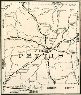 Early map of Pettis County, Missouri with Sedalia, Houstonia,Beaman, Dresden, Georgetown, Green Ridge, Ionia, Lamonte, Longwood, Rowletta, Sigel, Smithton 