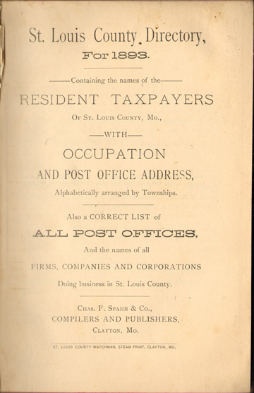 St. Louis County, Missouri 1893 Directory taxpayers title page