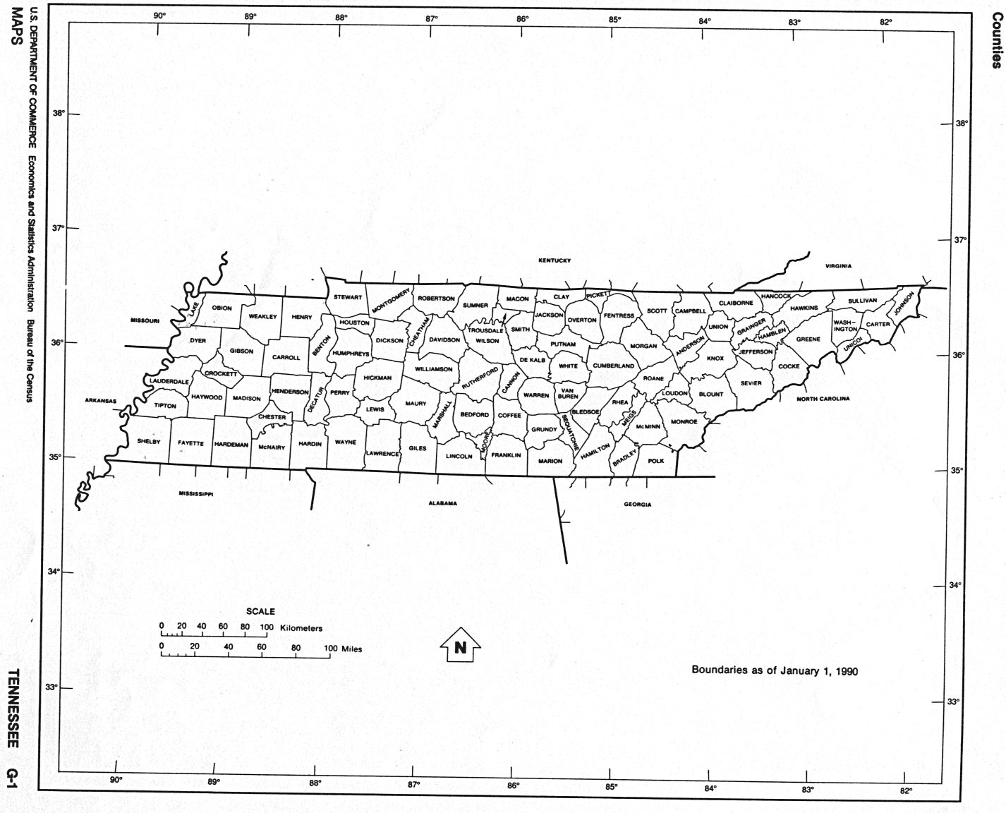 Tennessee State map with counties outline and location of each county