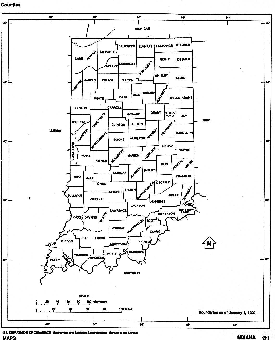 Indiana Counties map with outline of each county in IN