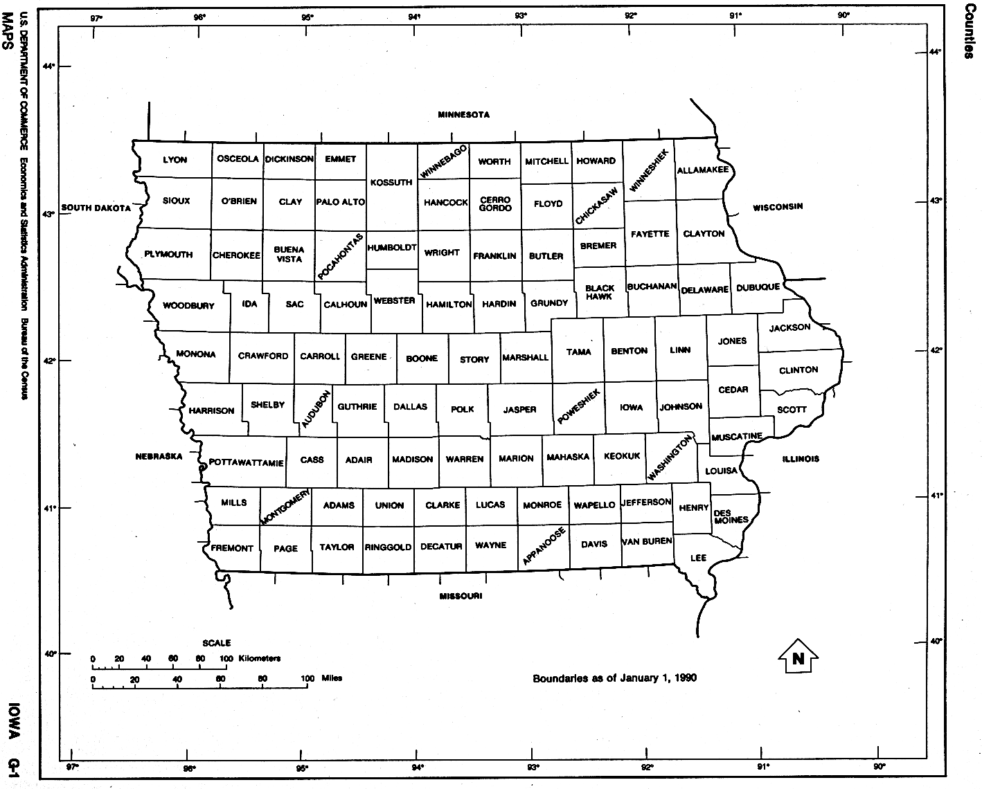 Iowa Counties map with outline of each county in IA