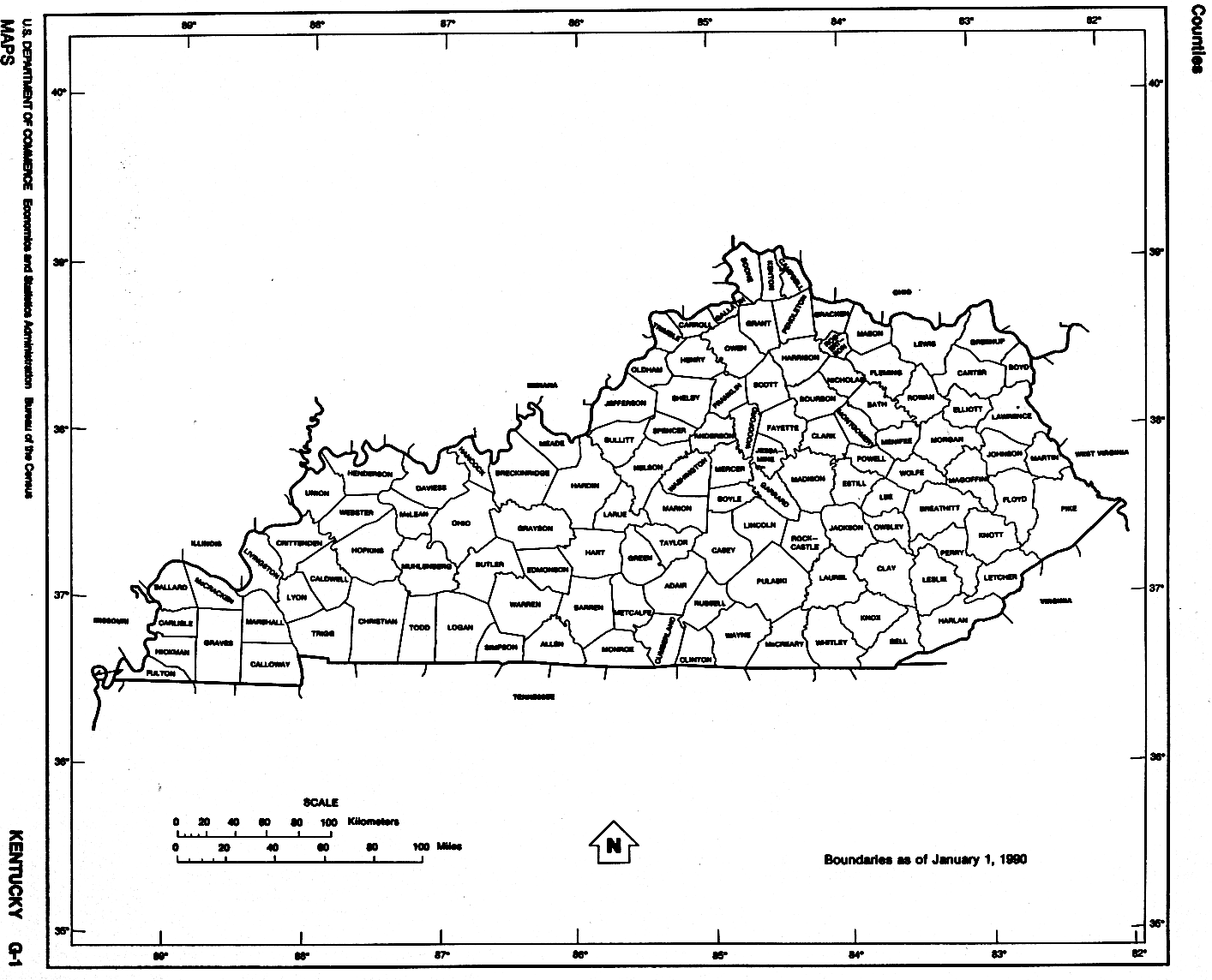 Kentucky Counties map with outline of each county in Ky