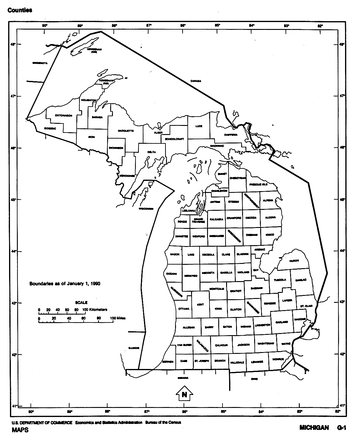 Michigan Counties map with outline and location of each county in MI