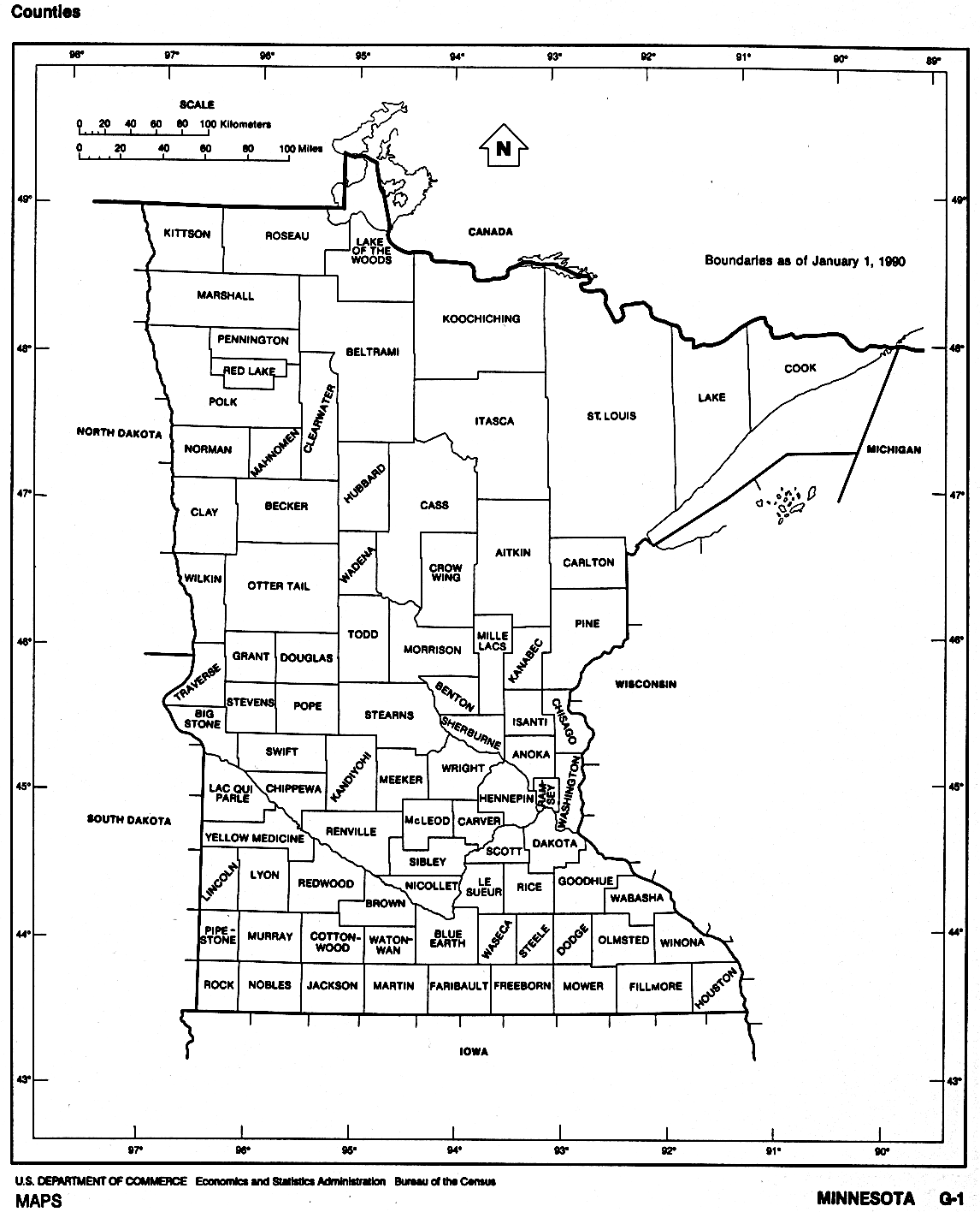 Minnesota Counties map with location outline of each county in MN