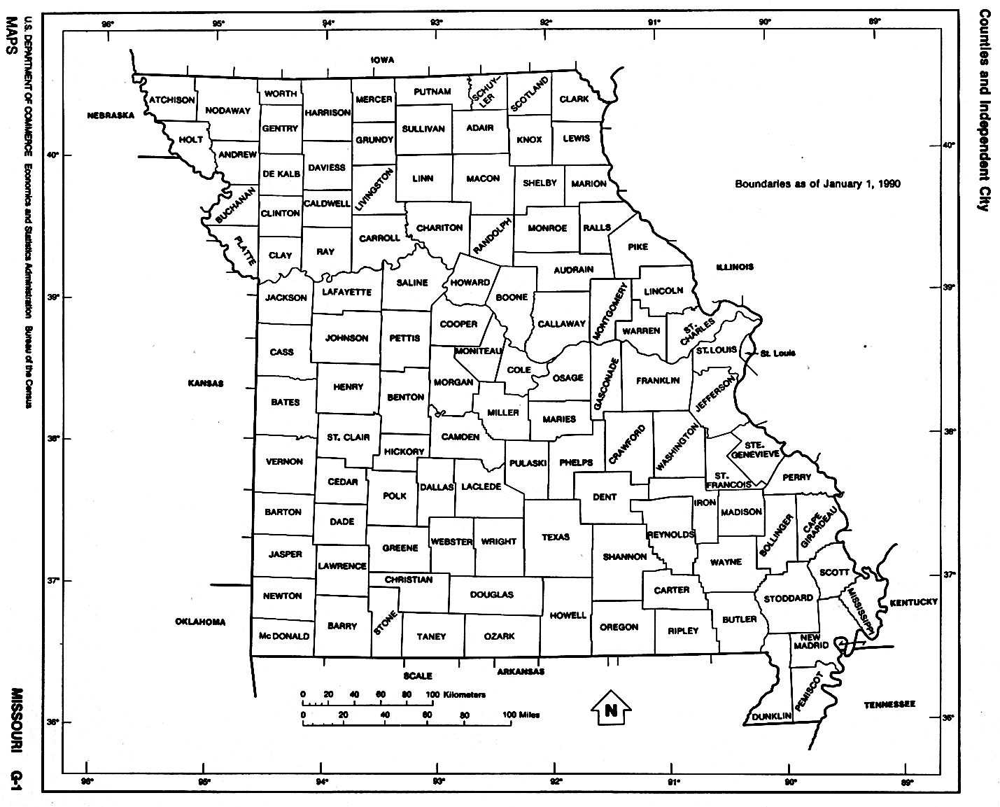 Missouri State map with Counties outline and location of each county in