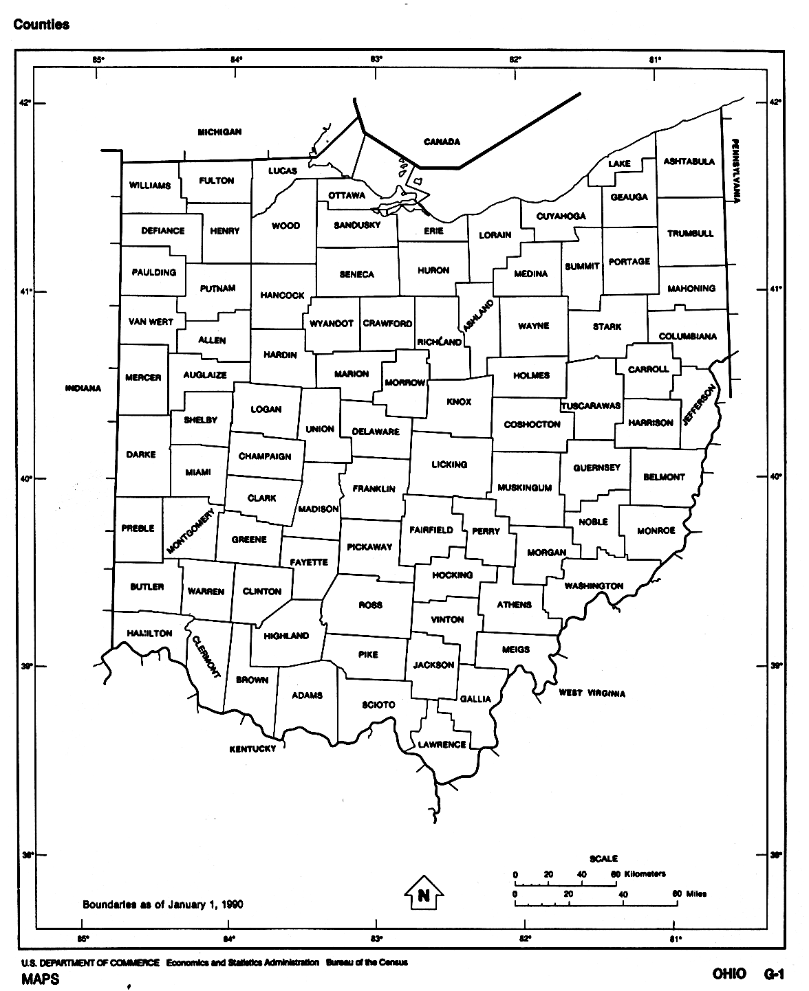 Ohio Counties map with location and outline of each county in OH