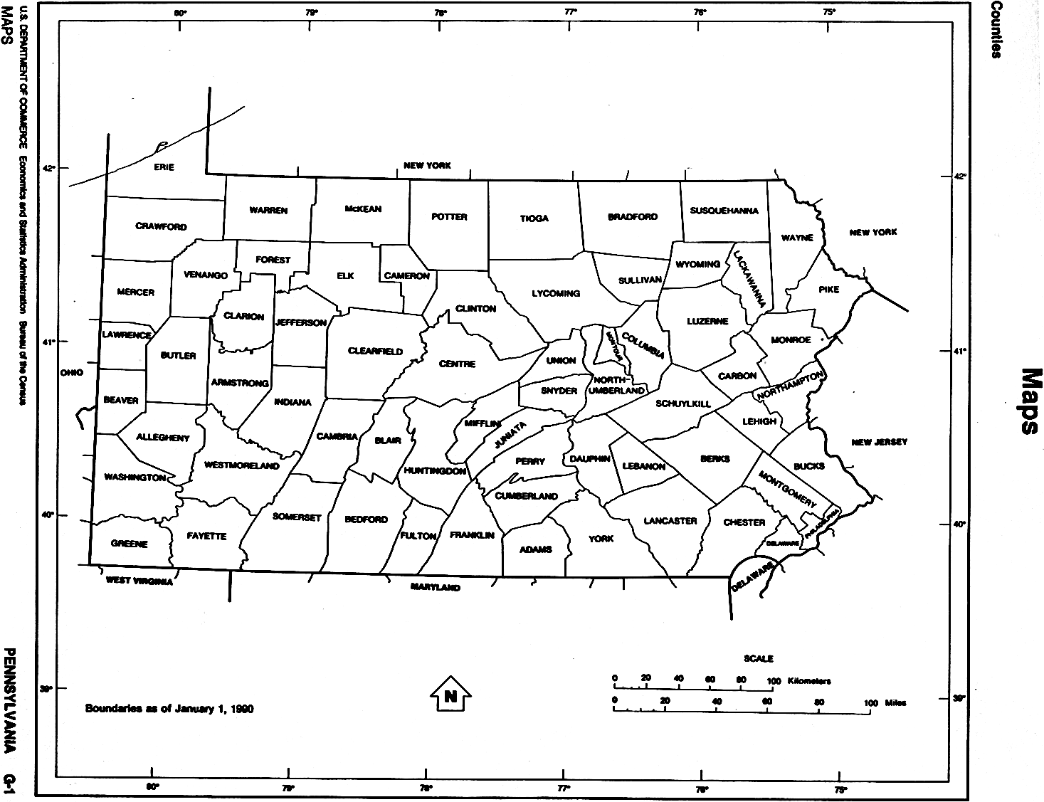 Pennsylvania State map with counties outline and location of each