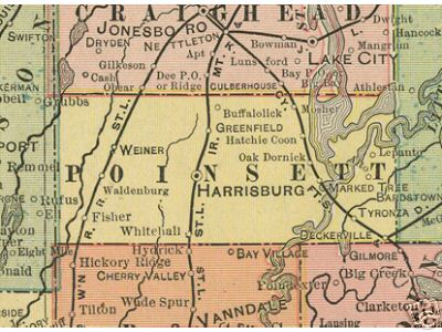 Early map of Poinsett County, Arkansas including Harrisburg, Marked Tree, Weiner, Waldenburg, Greenfield, Fisher