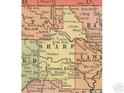 Early map of Sharp County, Arkansas including Evening Shade, Hardy, Ash Flat, Sidney, Cave City, Poughkeepsie