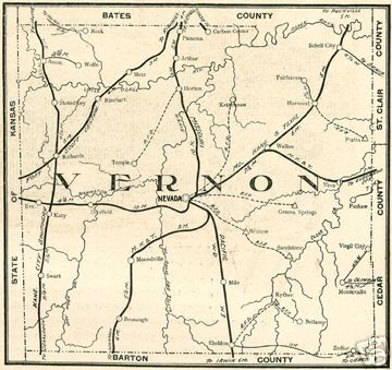 Early map of Vernon County, Missouri includng Nevada, Walker, Richards, Stotesbury, Metz, Schell City, Moundville
