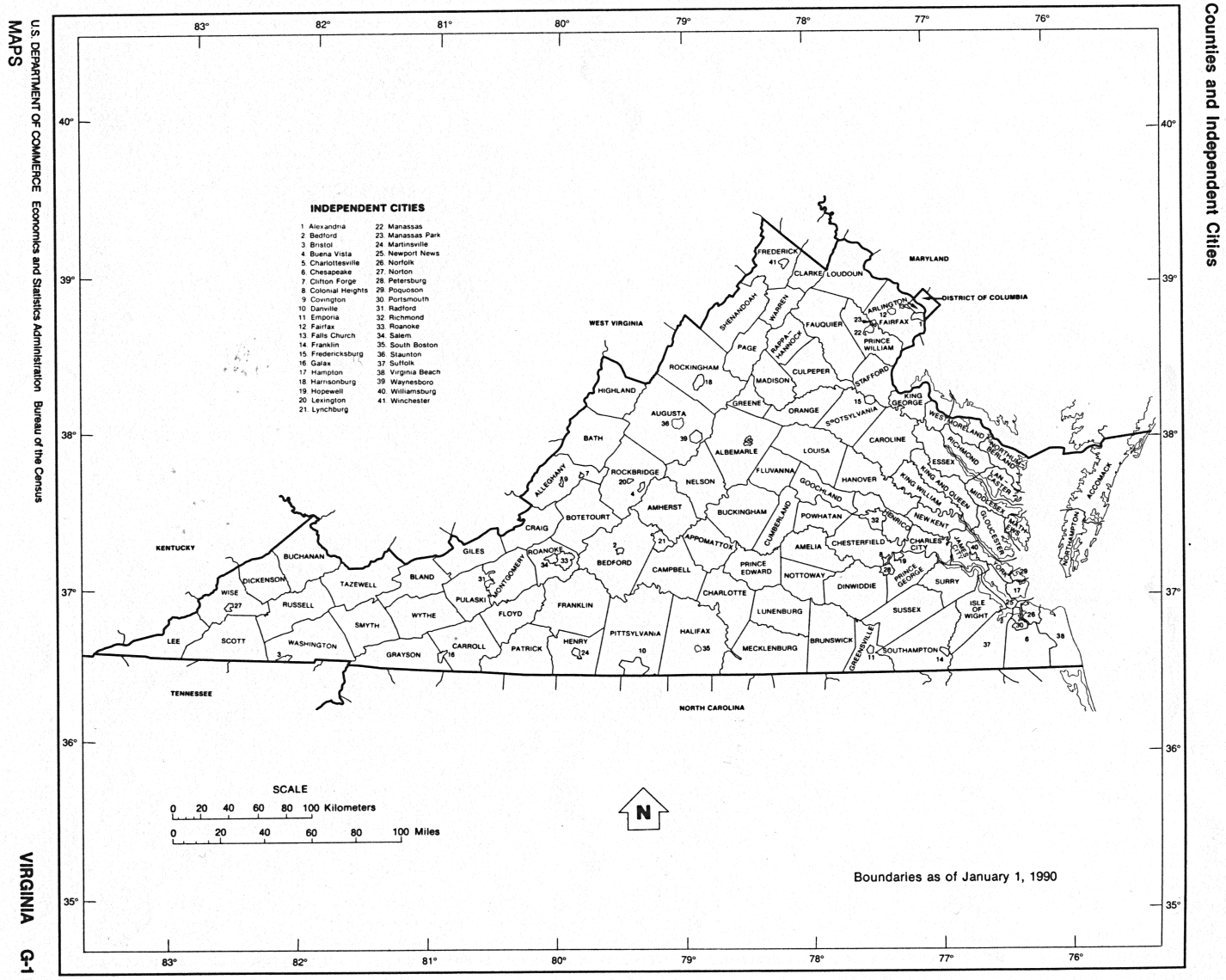 Virginia Counties map with location and outline of each county in VA