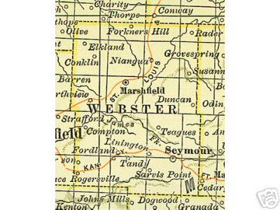 early Webster County, Missouri map including Marshfield, Seymour, Niangua, and more