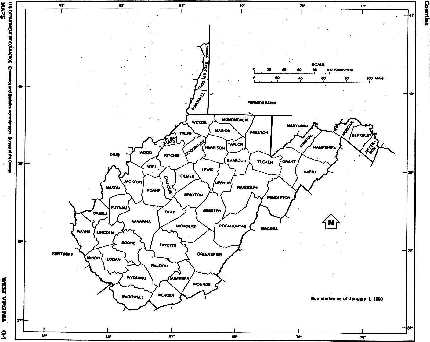 West Virginia Counties map with outline and location of each county in WV
