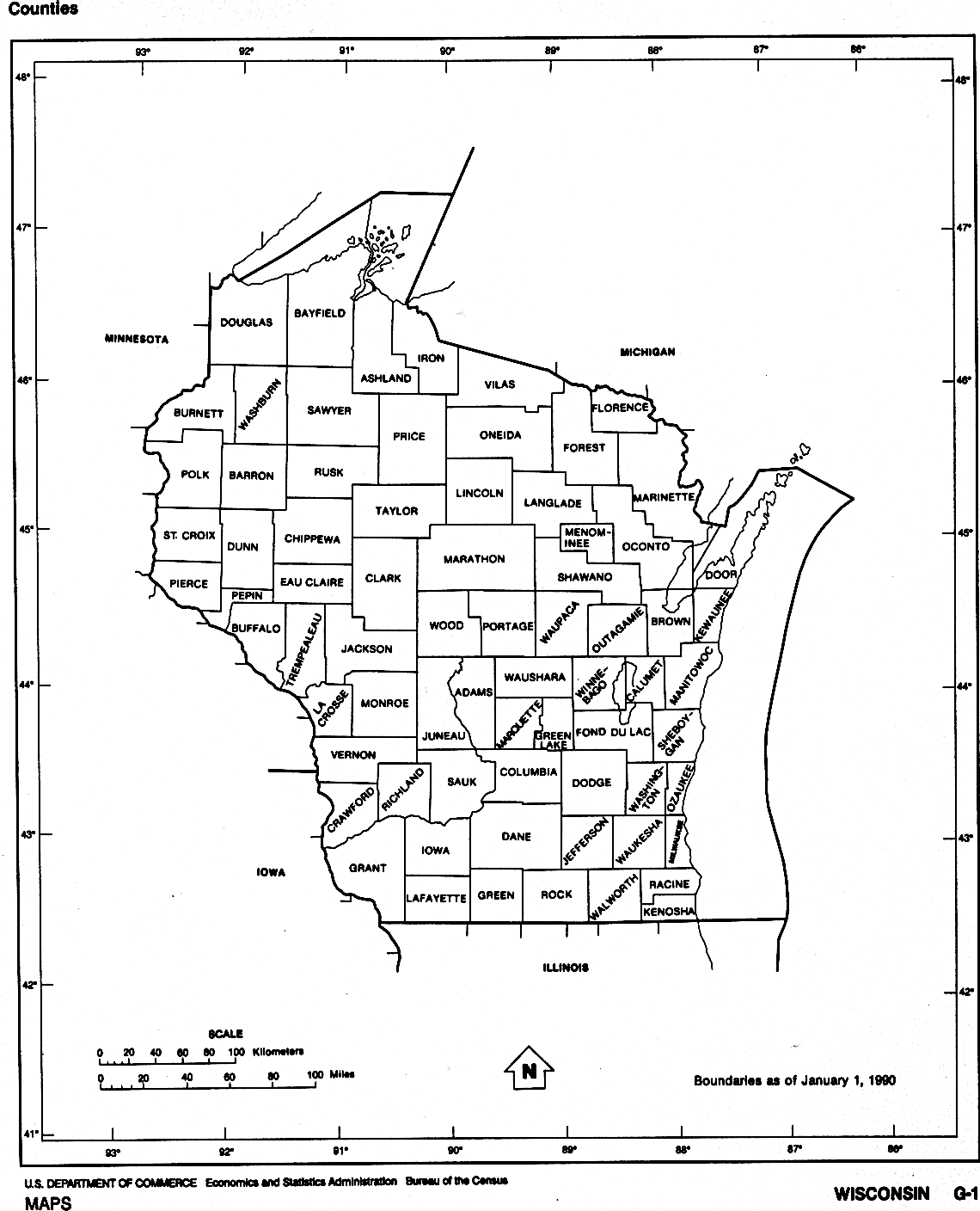Wisconsin State map with counties outline and location of each county